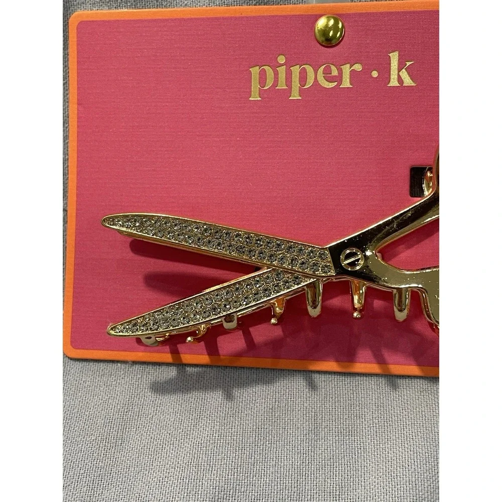 NEW Piper K Gold Colored Metal Scissor Hair Claw Clip Faux Diamonds Hairdresser